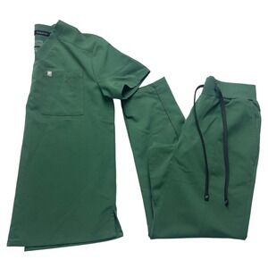 Fabletics Scrub Set Mens XS Helix Top Intake Pants Green V-Neck Short Sleeve